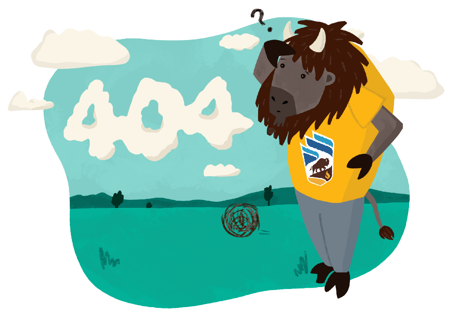 A graphical image which reads 404, with Billy the Bison scratching his head in confusion